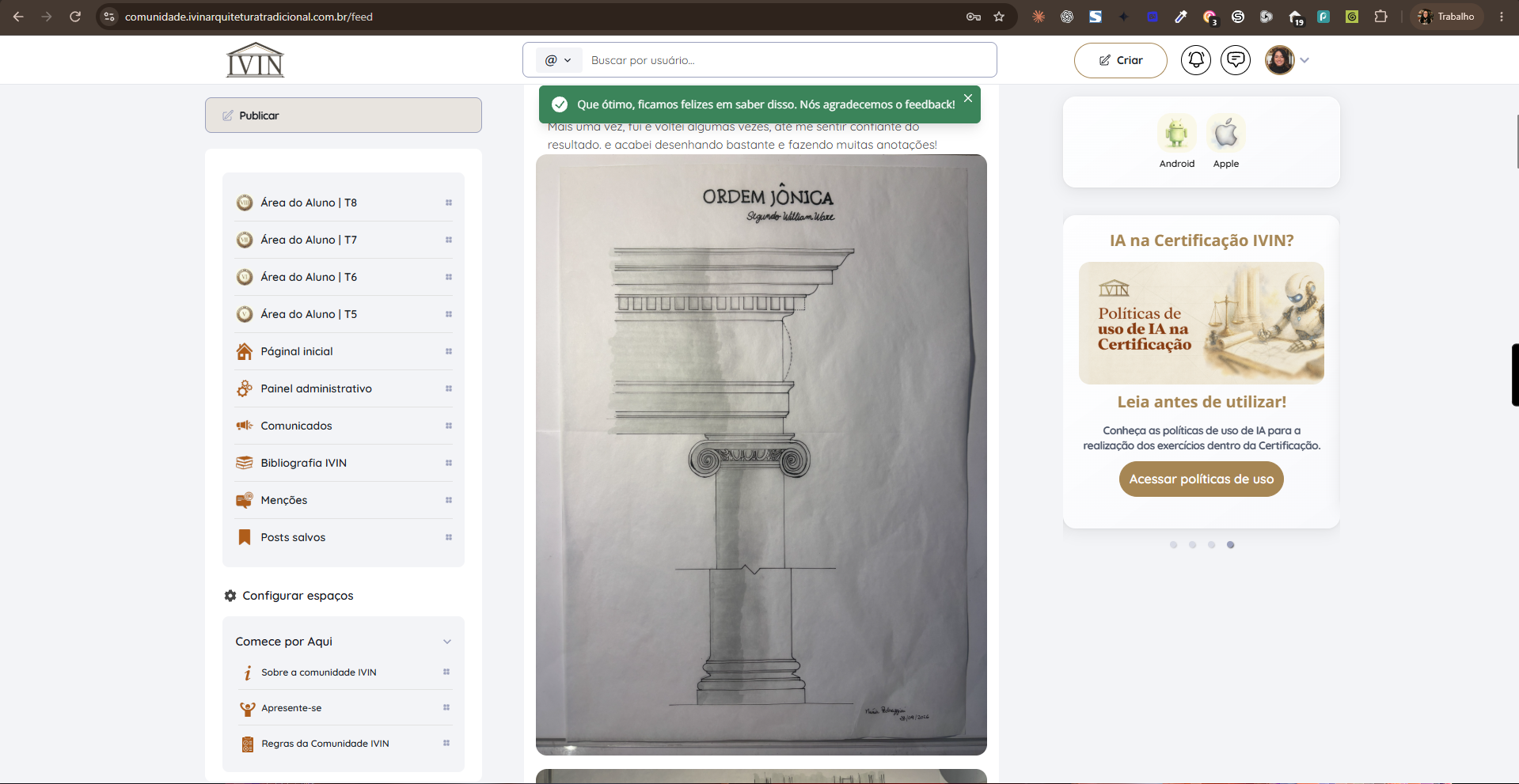 Feed da comunidade IVIN com publicações e espaços dos alunos