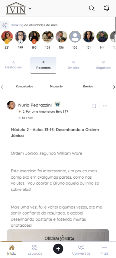Feed da comunidade IVIN no aplicativo para celular